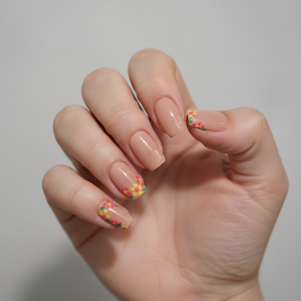 Peach Floral Coffin Nails